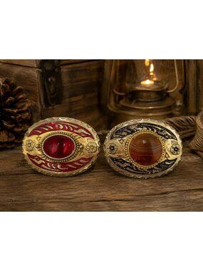 Vintage Western Oval Belt Buckles Red Cabachon & Superior Agate Stone Accent